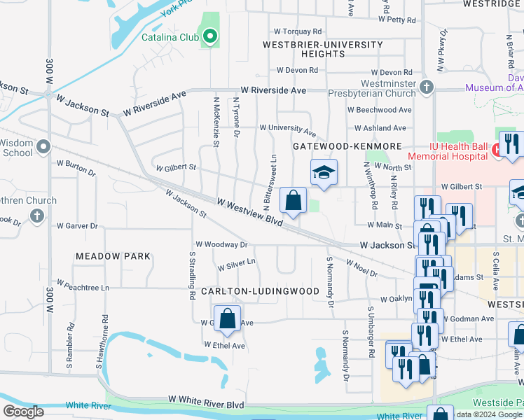 map of restaurants, bars, coffee shops, grocery stores, and more near 100 North Bittersweet Lane in Muncie