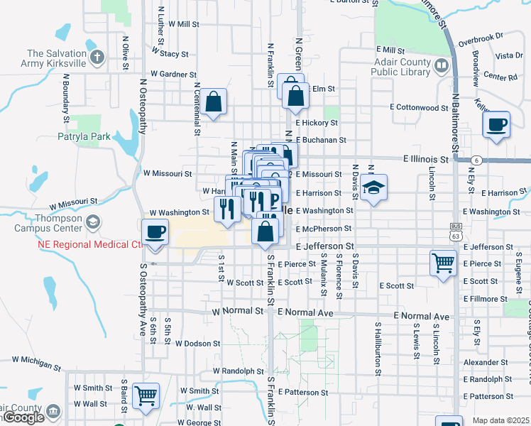 map of restaurants, bars, coffee shops, grocery stores, and more near 115 South Franklin Street in Kirksville