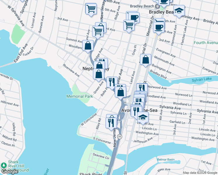 map of restaurants, bars, coffee shops, grocery stores, and more near 26 Belle Place in Neptune City
