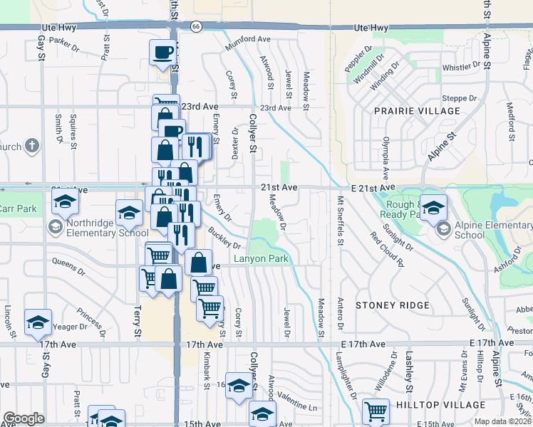 map of restaurants, bars, coffee shops, grocery stores, and more near 2007 Collyer Street in Longmont