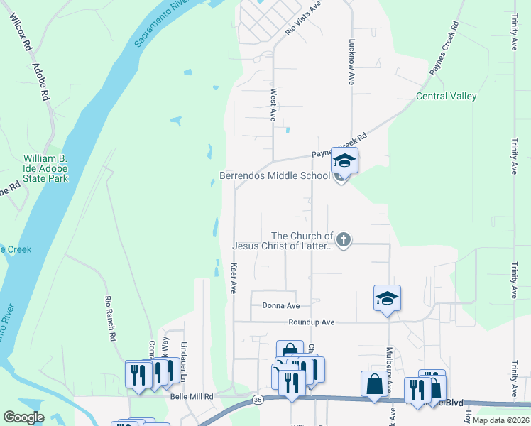 map of restaurants, bars, coffee shops, grocery stores, and more near 440 Berrendos Ave in Red Bluff