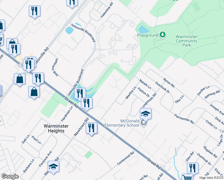 map of restaurants, bars, coffee shops, grocery stores, and more near 282 Watson Glen Drive in Warminster