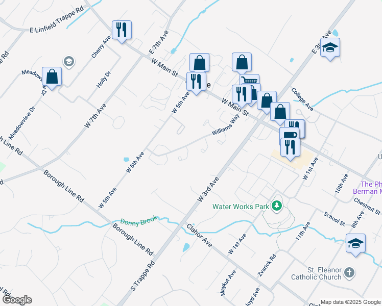 map of restaurants, bars, coffee shops, grocery stores, and more near 370 Jefferson Court in Collegeville