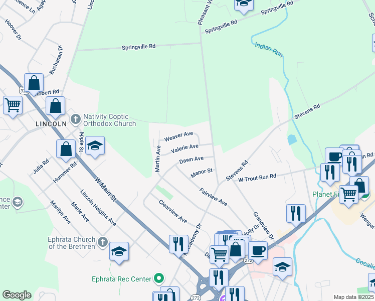 map of restaurants, bars, coffee shops, grocery stores, and more near 67 Valerie Avenue in Ephrata