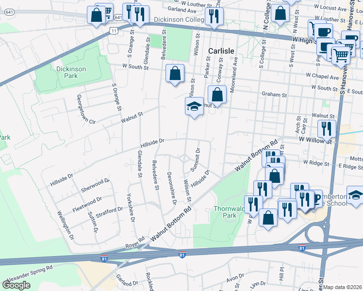 map of restaurants, bars, coffee shops, grocery stores, and more near 551 Wilson Street in Carlisle