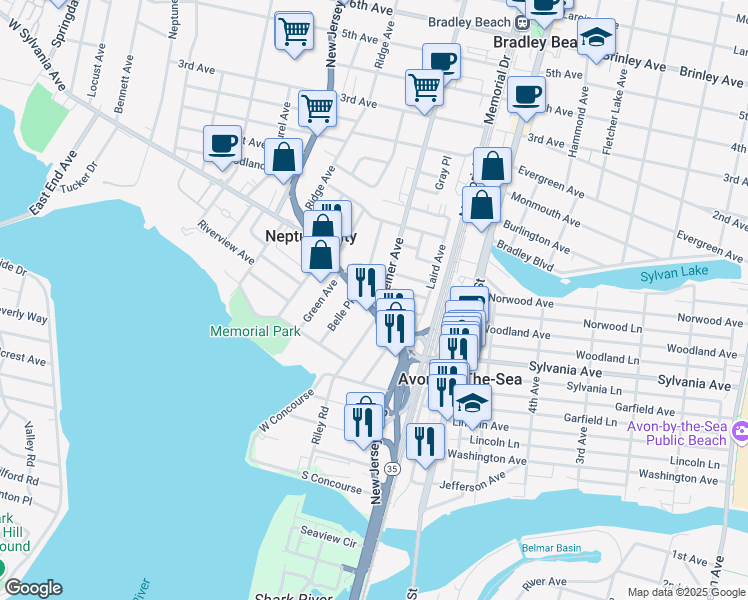 map of restaurants, bars, coffee shops, grocery stores, and more near 31 New Jersey 35 in Neptune City