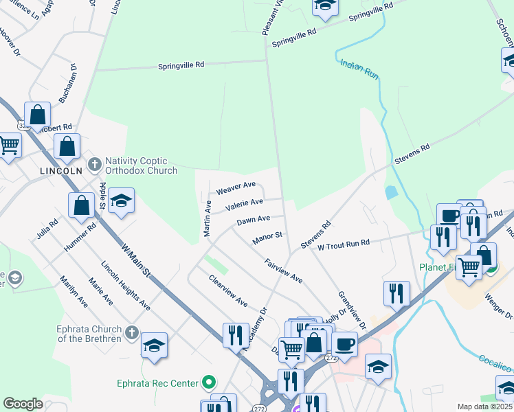map of restaurants, bars, coffee shops, grocery stores, and more near 83 Valerie Avenue in Ephrata