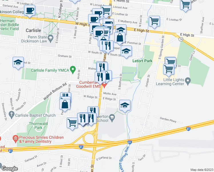 map of restaurants, bars, coffee shops, grocery stores, and more near 30 East Willow Street in Carlisle