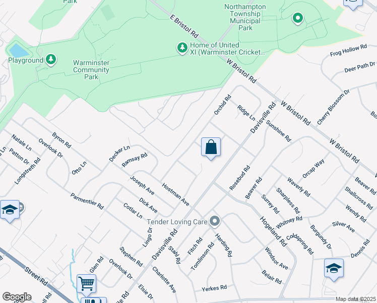 map of restaurants, bars, coffee shops, grocery stores, and more near 1055 Orchid Road in Warminster