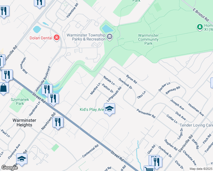 map of restaurants, bars, coffee shops, grocery stores, and more near 379 Patton Drive in Warminster