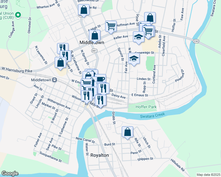 map of restaurants, bars, coffee shops, grocery stores, and more near 143 East Emaus Street in Middletown