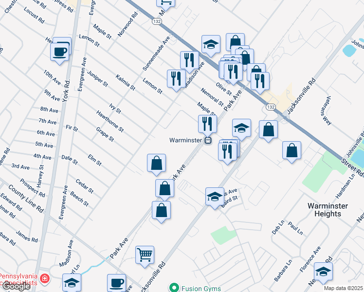 map of restaurants, bars, coffee shops, grocery stores, and more near 400 Park Avenue in Warminster