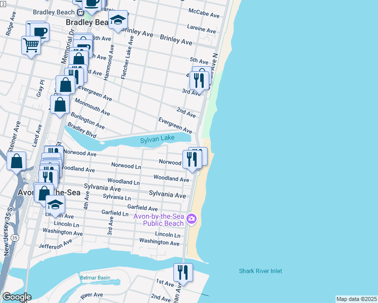 map of restaurants, bars, coffee shops, grocery stores, and more near 24 Norwood Avenue in Avon-by-the-Sea