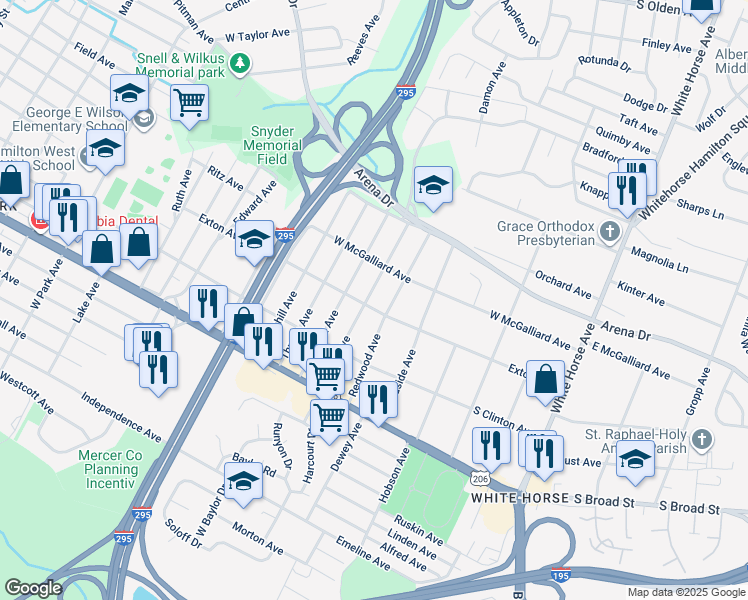 map of restaurants, bars, coffee shops, grocery stores, and more near 210 Fetter Avenue in Hamilton Township