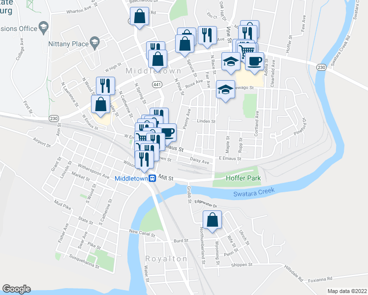 map of restaurants, bars, coffee shops, grocery stores, and more near 143 East Emaus Street in Middletown