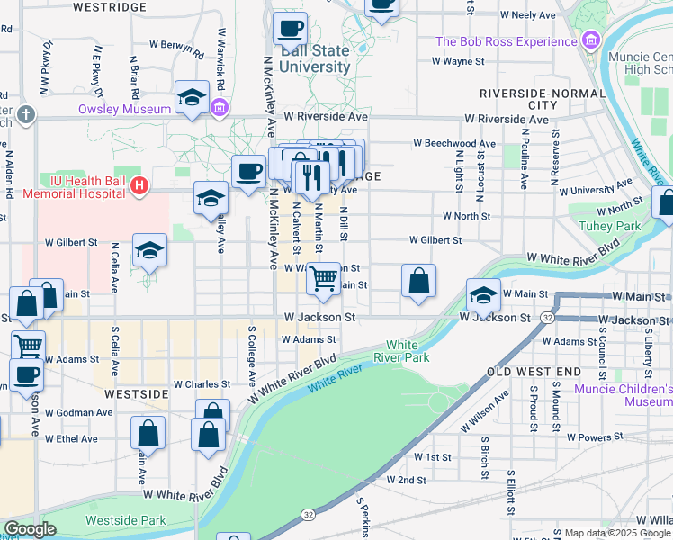 map of restaurants, bars, coffee shops, grocery stores, and more near 100 South Martin Street in Muncie