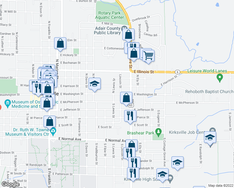 map of restaurants, bars, coffee shops, grocery stores, and more near East Washington Street in Kirksville
