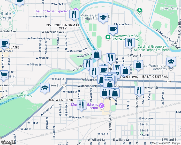 map of restaurants, bars, coffee shops, grocery stores, and more near 406 West Main Street in Muncie