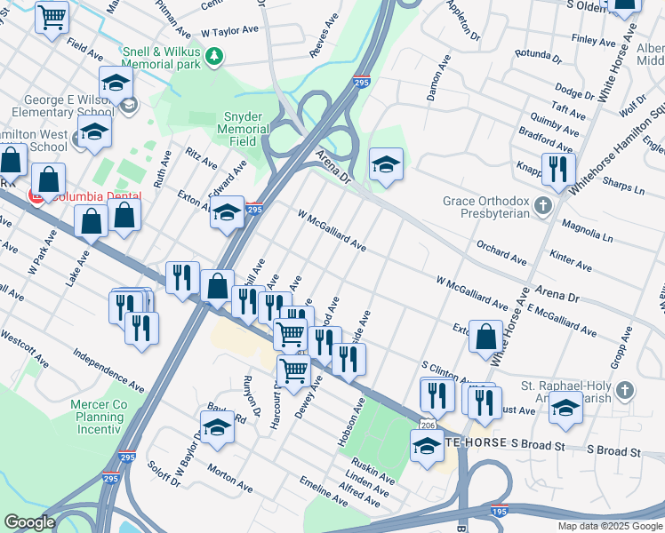 map of restaurants, bars, coffee shops, grocery stores, and more near 210 Fetter Avenue in Hamilton Township