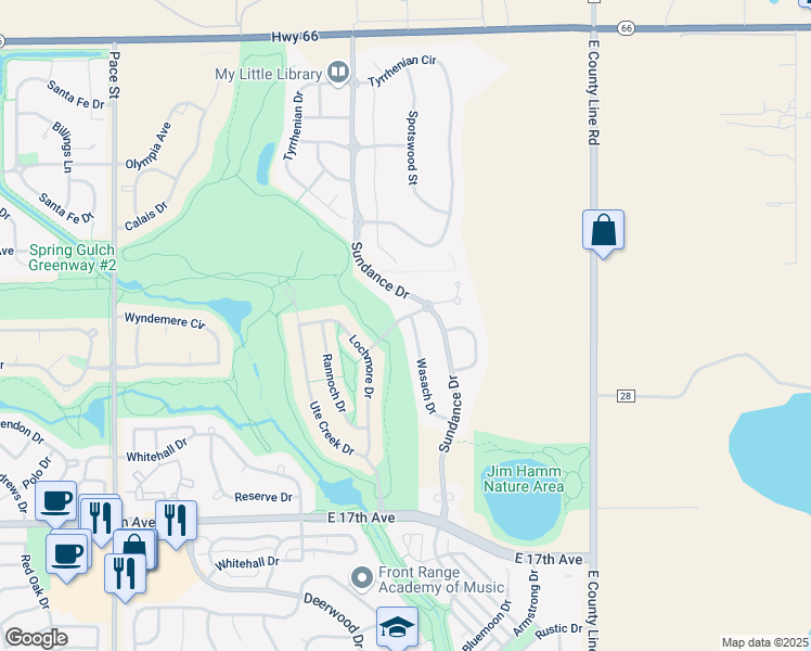 map of restaurants, bars, coffee shops, grocery stores, and more near 1931 Wasach Drive in Longmont