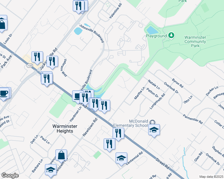 map of restaurants, bars, coffee shops, grocery stores, and more near 700 Sheldon Drive in Warminster
