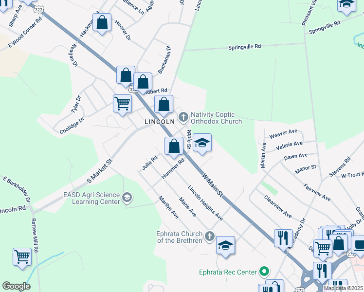 map of restaurants, bars, coffee shops, grocery stores, and more near 1315 West Main Street in Ephrata