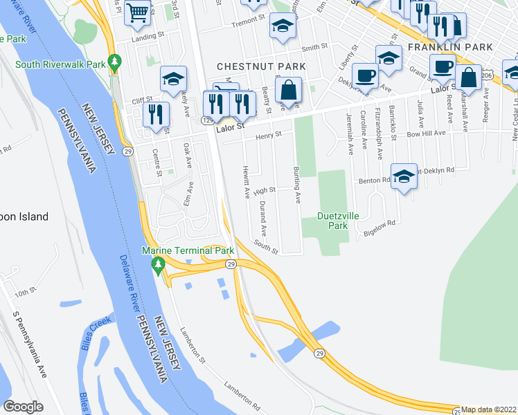 map of restaurants, bars, coffee shops, grocery stores, and more near 339 Durand Avenue in Trenton