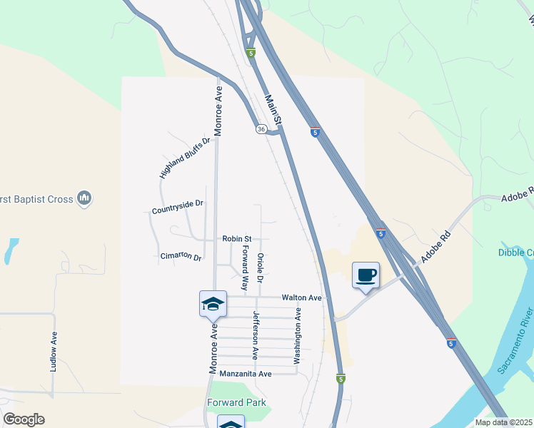 map of restaurants, bars, coffee shops, grocery stores, and more near 2740 Oriole Drive in Red Bluff