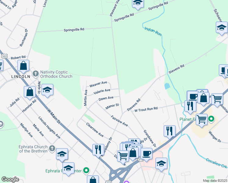 map of restaurants, bars, coffee shops, grocery stores, and more near 107 Valerie Avenue in Ephrata