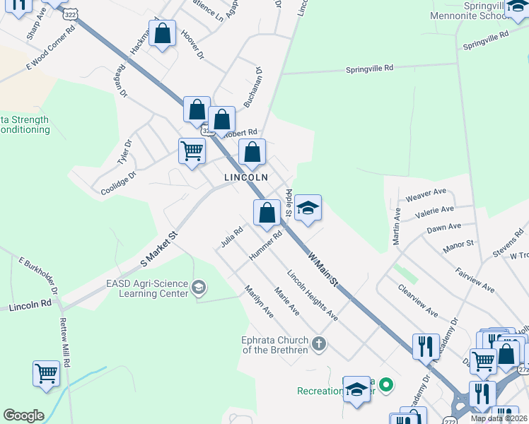 map of restaurants, bars, coffee shops, grocery stores, and more near 1317 Lincoln Heights Avenue in Ephrata