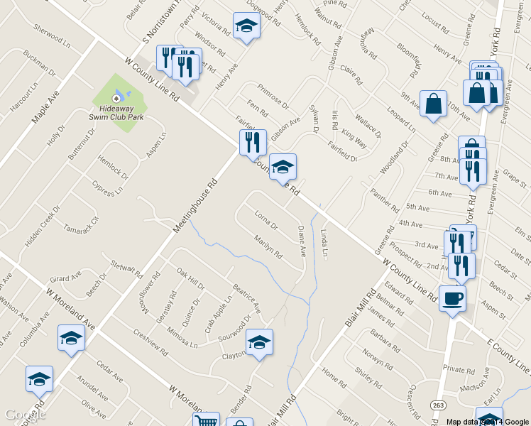 map of restaurants, bars, coffee shops, grocery stores, and more near 216 Lorna Drive in Hatboro