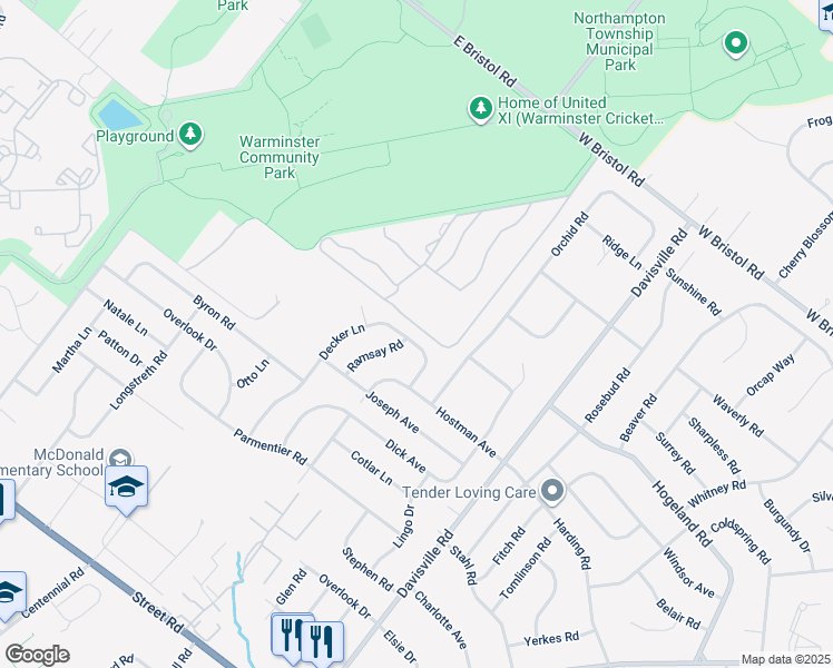 map of restaurants, bars, coffee shops, grocery stores, and more near 1014 Decker Lane in Warminster