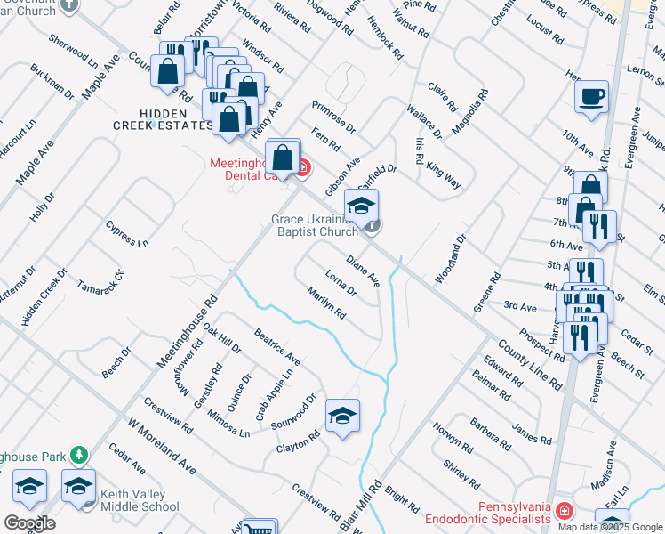 map of restaurants, bars, coffee shops, grocery stores, and more near 216 Lorna Drive in Hatboro