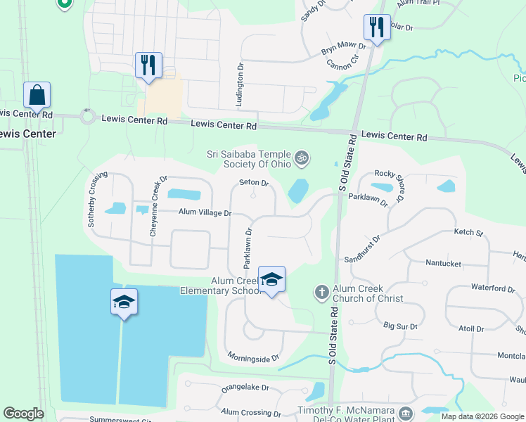 map of restaurants, bars, coffee shops, grocery stores, and more near 2090 Parklawn Drive in Lewis Center