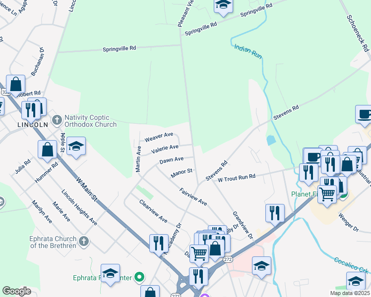 map of restaurants, bars, coffee shops, grocery stores, and more near 107 Valerie Avenue in Ephrata