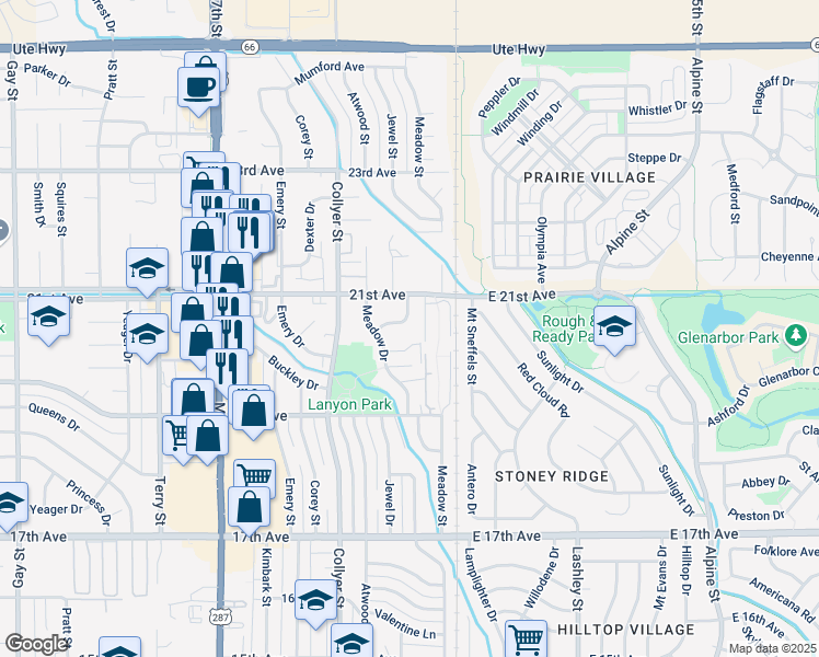 map of restaurants, bars, coffee shops, grocery stores, and more near 2052 Estes Lane in Longmont