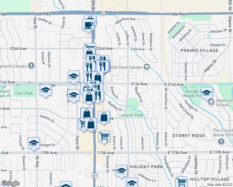 map of restaurants, bars, coffee shops, grocery stores, and more near 331 21st Avenue in Longmont