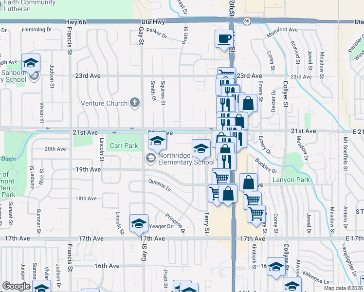 map of restaurants, bars, coffee shops, grocery stores, and more near 907 21st Avenue in Longmont