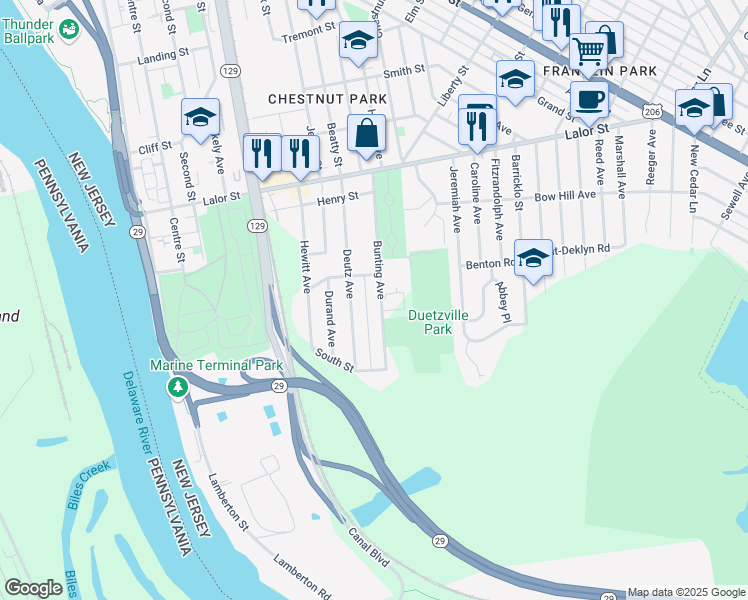 map of restaurants, bars, coffee shops, grocery stores, and more near 305 Bunting Avenue in Hamilton Township