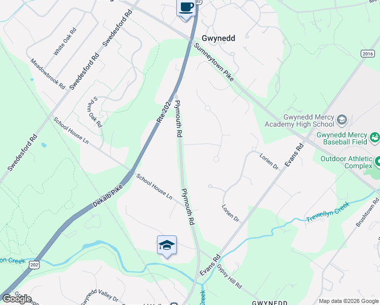 map of restaurants, bars, coffee shops, grocery stores, and more near 1508 Latchstring Lane in Gwynedd Valley