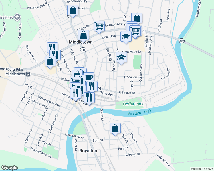 map of restaurants, bars, coffee shops, grocery stores, and more near 40 Spruce Street in Middletown