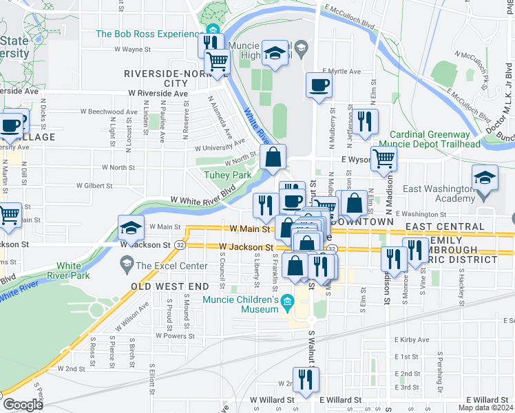 map of restaurants, bars, coffee shops, grocery stores, and more near in Muncie