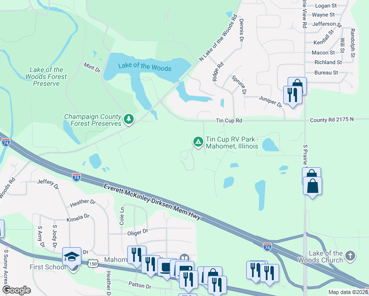 map of restaurants, bars, coffee shops, grocery stores, and more near 1715 Tin Cup Road in Mahomet