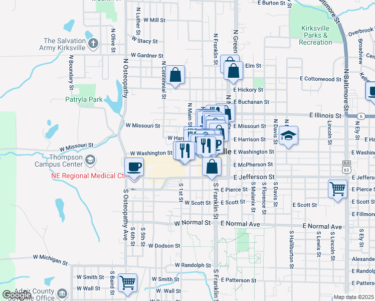 map of restaurants, bars, coffee shops, grocery stores, and more near 119 North Main Street in Kirksville