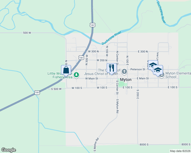map of restaurants, bars, coffee shops, grocery stores, and more near 220 West Main Street in Myton