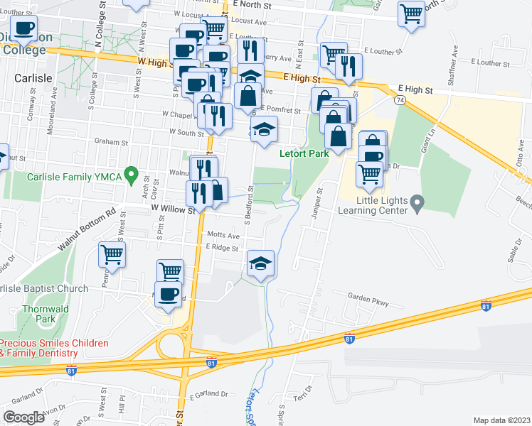 map of restaurants, bars, coffee shops, grocery stores, and more near 198 East Willow Street in Carlisle