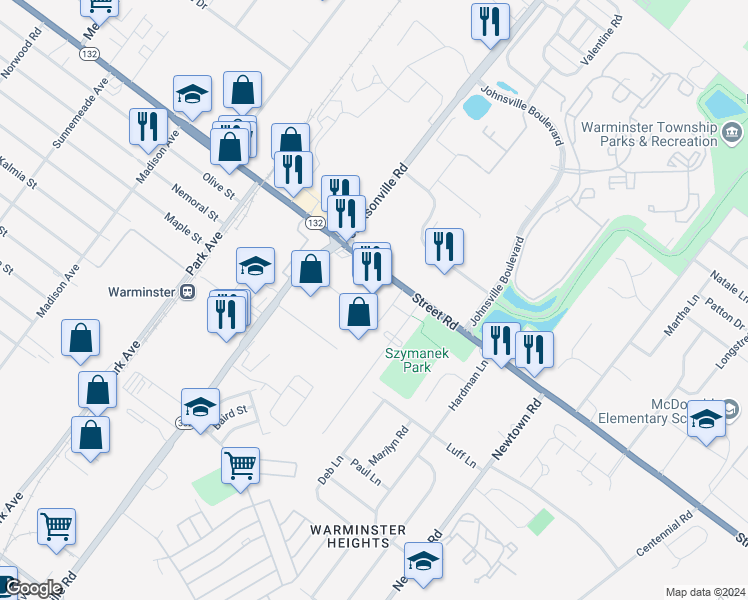 map of restaurants, bars, coffee shops, grocery stores, and more near 100 East Street Road in Warminster