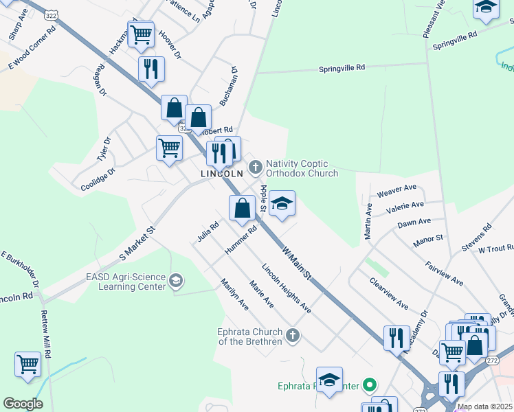 map of restaurants, bars, coffee shops, grocery stores, and more near 1315 West Main Street in Ephrata
