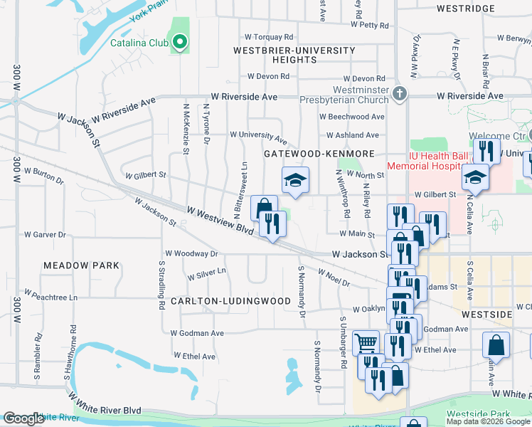 map of restaurants, bars, coffee shops, grocery stores, and more near 222 North Ridge Road in Muncie
