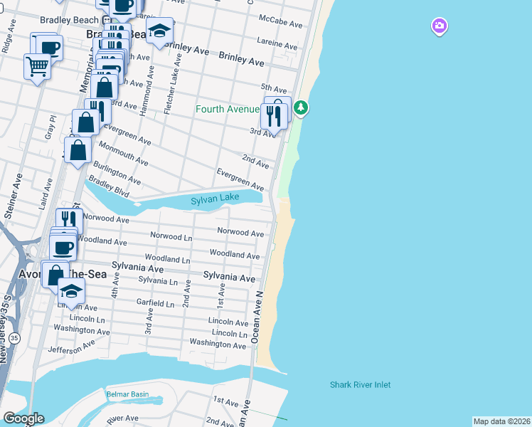 map of restaurants, bars, coffee shops, grocery stores, and more near 32 Lakeside Avenue in Avon-by-the-Sea